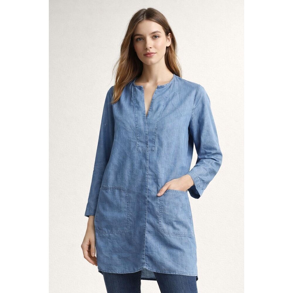 BCBG Max Azria Blue Lyocell Tunic Top Long Sleeve XXS